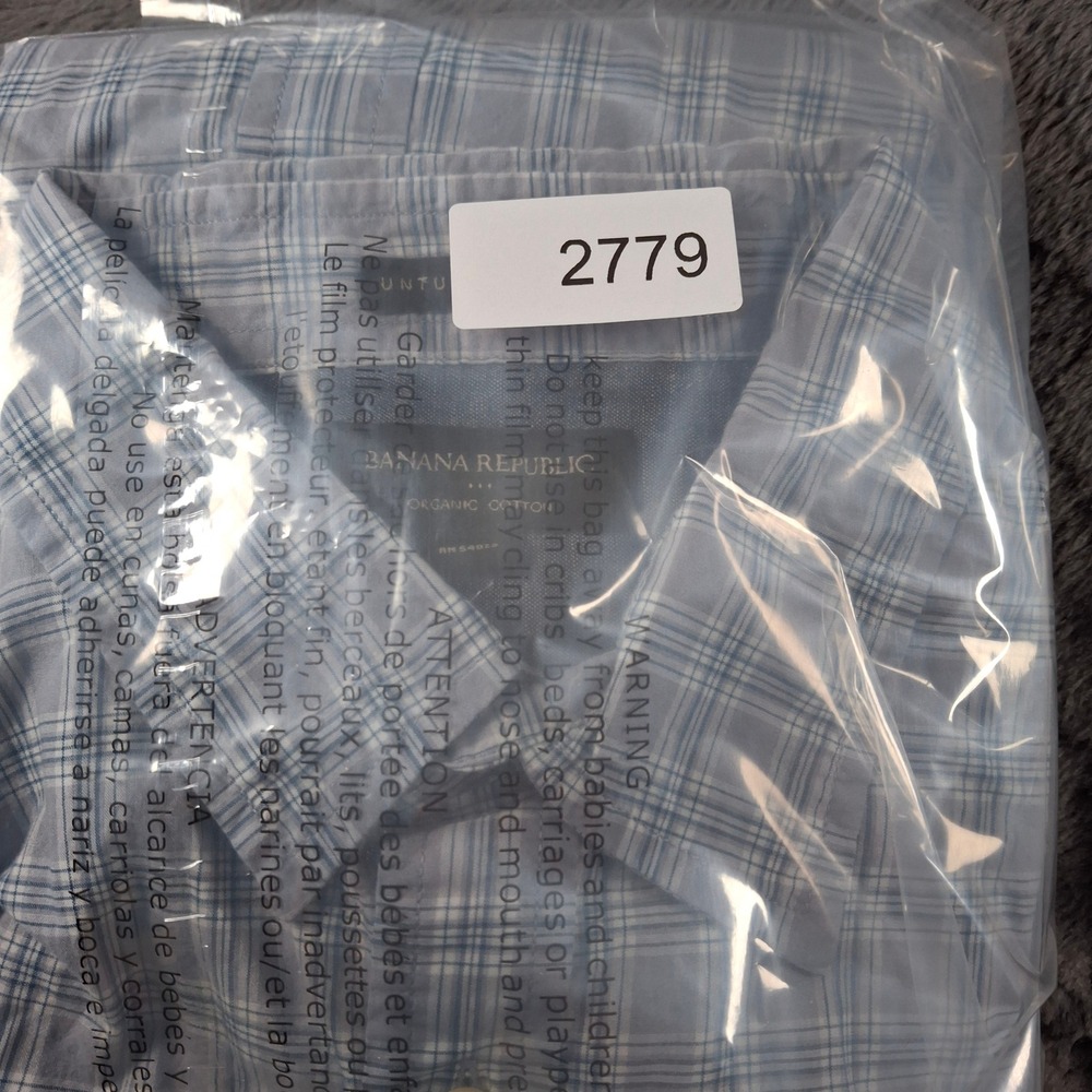 Banana Republic Mens XL Untucked Fit Organic Cotton Plaid Button Down Shirt Blue - Picture 8 of 8